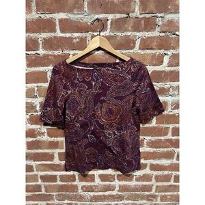 Lauren Ralph Lauren Womens Red Paisley Short Sleeve T-shirt Size Large Petite